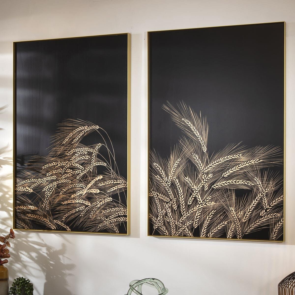 2-Piece Hand-Carved Metal Framed Wall Artwork Set Copper & Wood 60x90cm