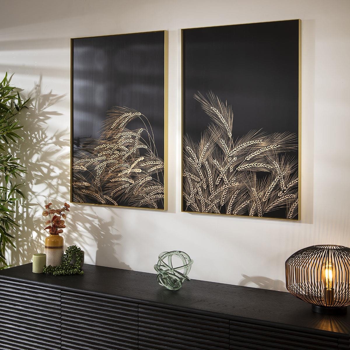 2-Piece Hand-Carved Metal Framed Wall Artwork Set Copper & Wood 60x90cm