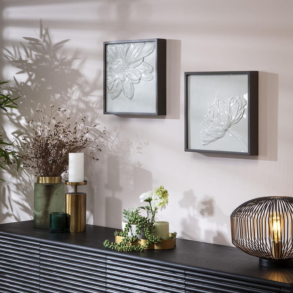 2-Piece Porcelain Flower Framed Wall Artwork Set White 36x36cm