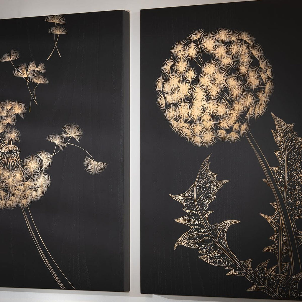 3-Piece Hand-Carved Dandelion Wall Artwork Set Black & Wood 150x70cm