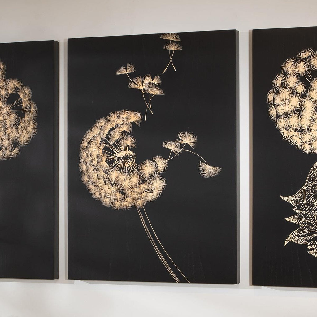 3-Piece Hand-Carved Dandelion Wall Artwork Set Black & Wood 150x70cm