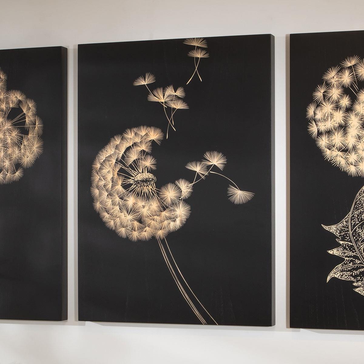 3-Piece Hand-Carved Dandelion Wall Artwork Set Black & Wood 150x70cm