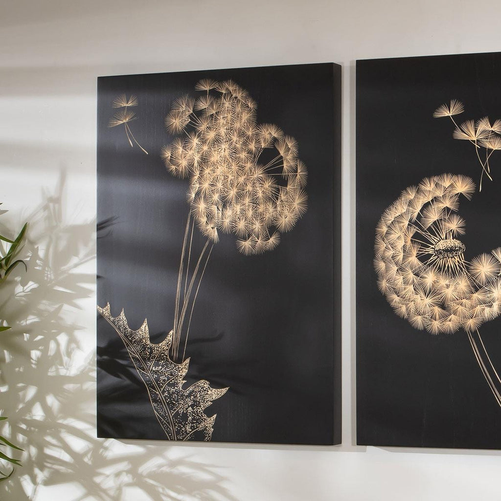 3-Piece Hand-Carved Dandelion Wall Artwork Set Black & Wood 150x70cm