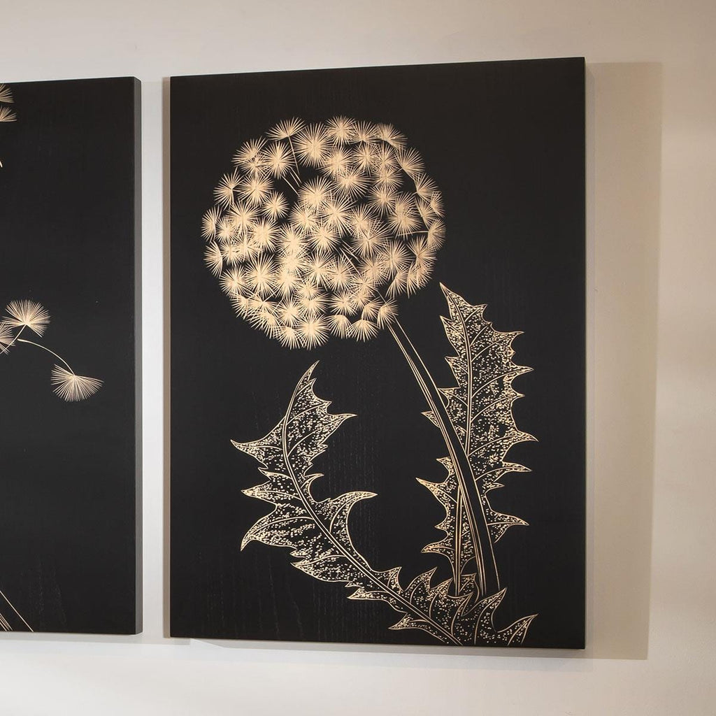 3-Piece Hand-Carved Dandelion Wall Artwork Set Black & Wood 150x70cm