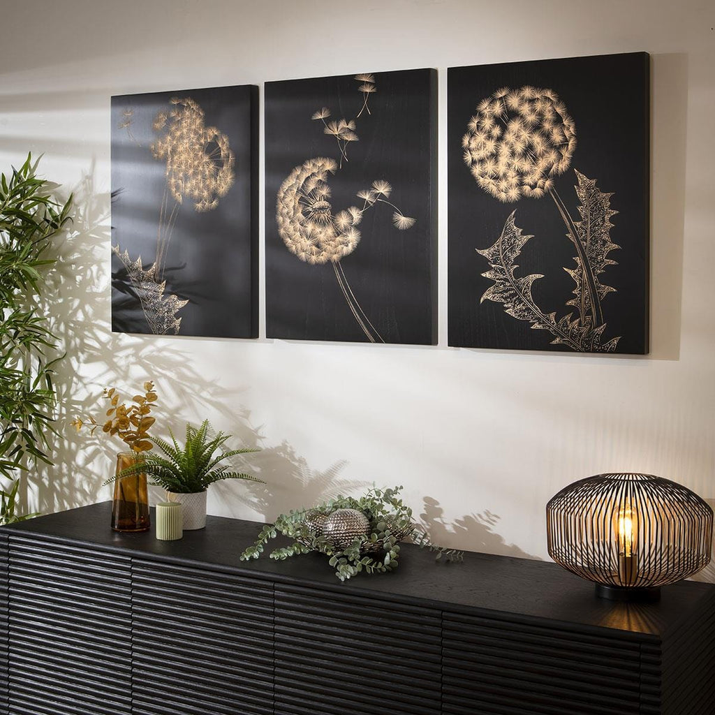 3-Piece Hand-Carved Dandelion Wall Artwork Set Black & Wood 150x70cm