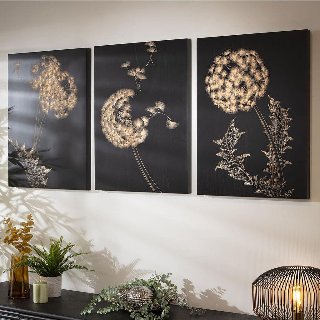 3-Piece Hand-Carved Dandelion Wall Artwork Set Black & Wood 150x70cm