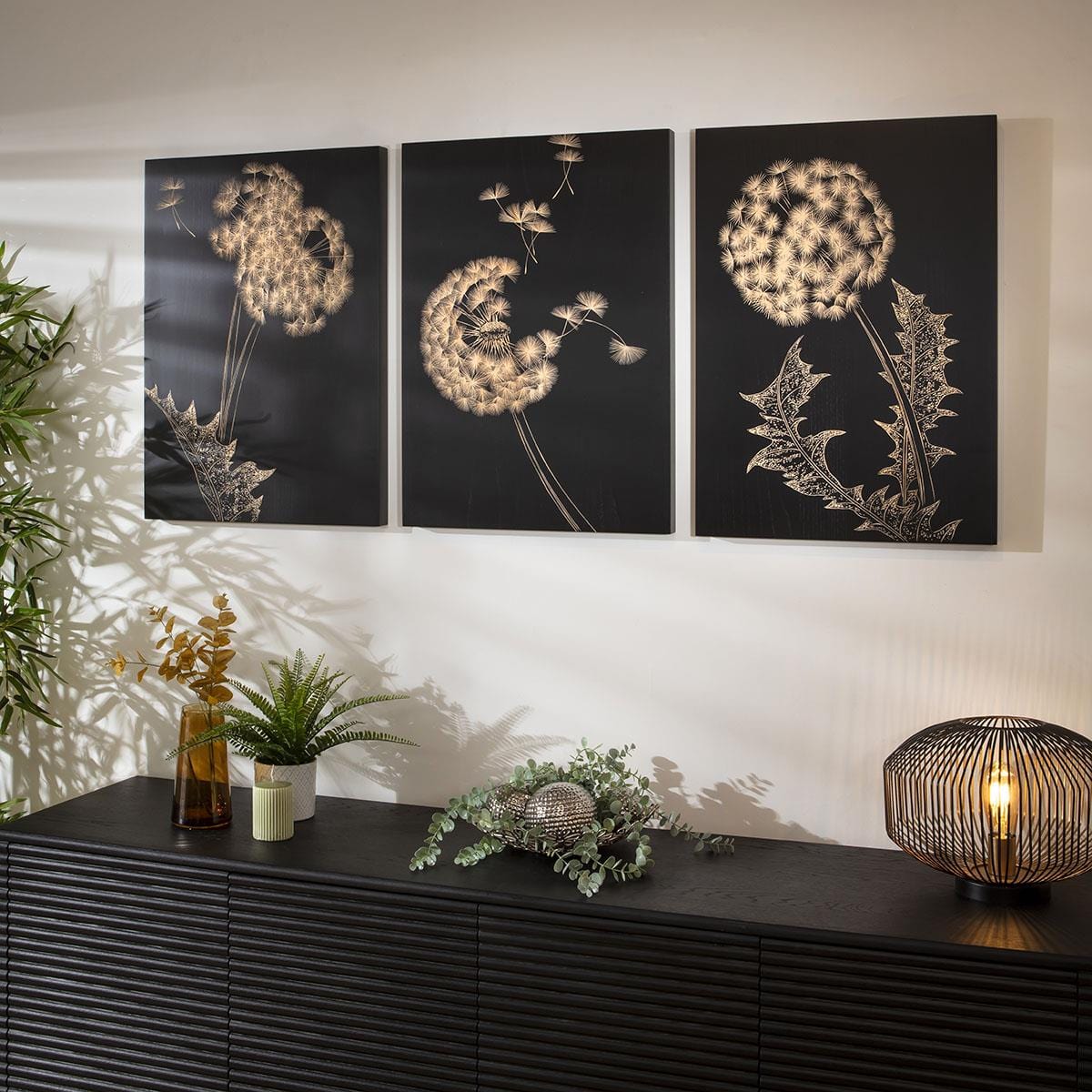 3-Piece Hand-Carved Dandelion Wall Artwork Set Black & Wood 150x70cm