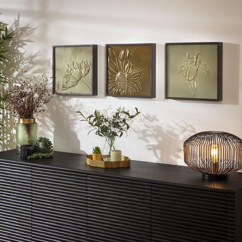 3-Piece Porcelain Flower Framed Wall Artwork Set Green 108x36cm