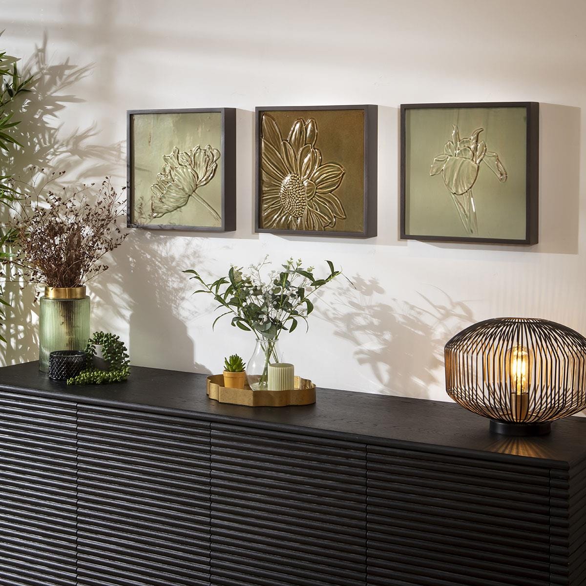 3-Piece Porcelain Flower Framed Wall Artwork Set Green 108x36cm