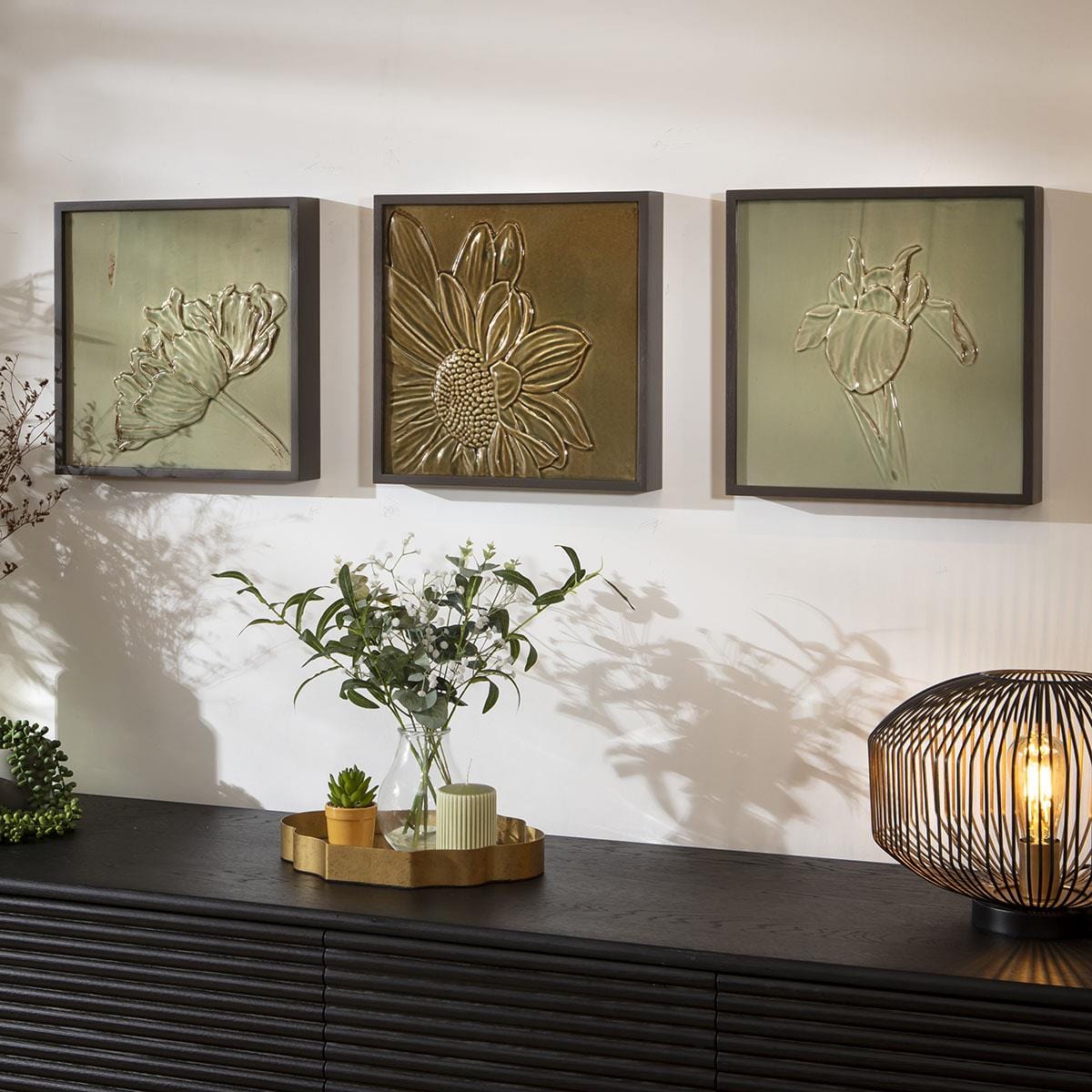 3-Piece Porcelain Flower Framed Wall Artwork Set Green 108x36cm