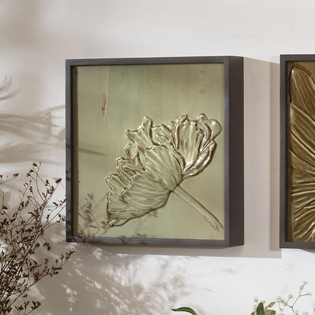 3-Piece Porcelain Flower Framed Wall Artwork Set Green 108x36cm