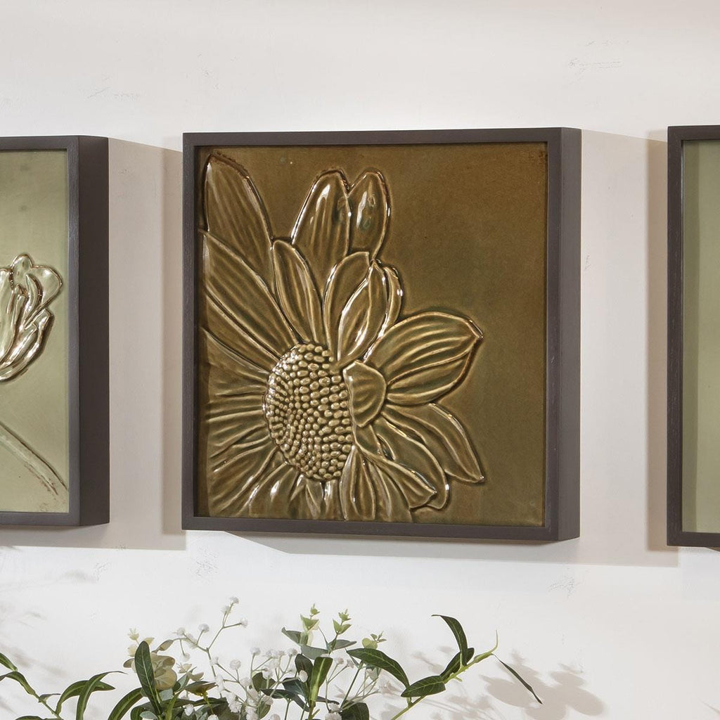 3-Piece Porcelain Flower Framed Wall Artwork Set Green 108x36cm