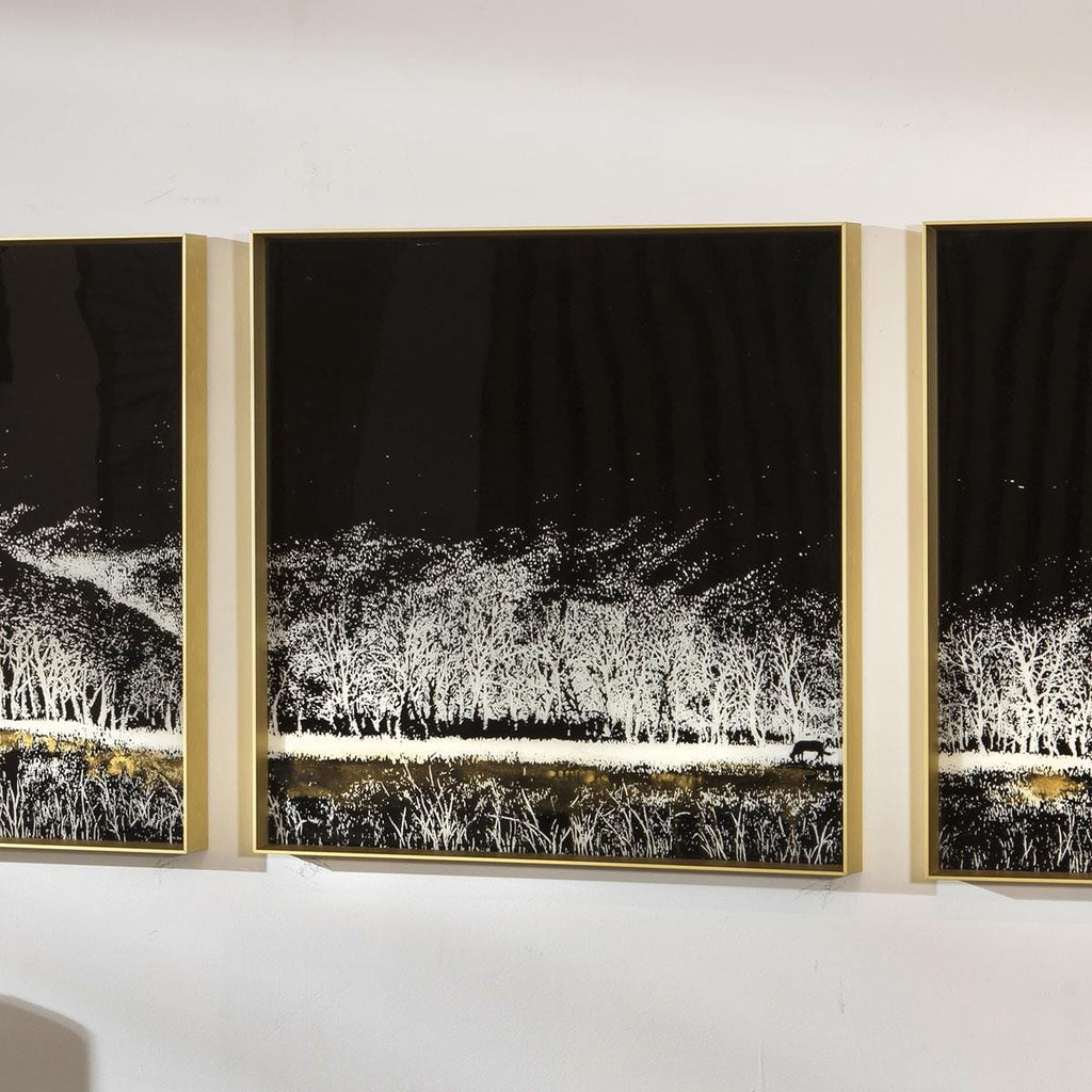 3-Piece Square Gold Metal Framed Wall Artwork Set Black & White 120x40cm