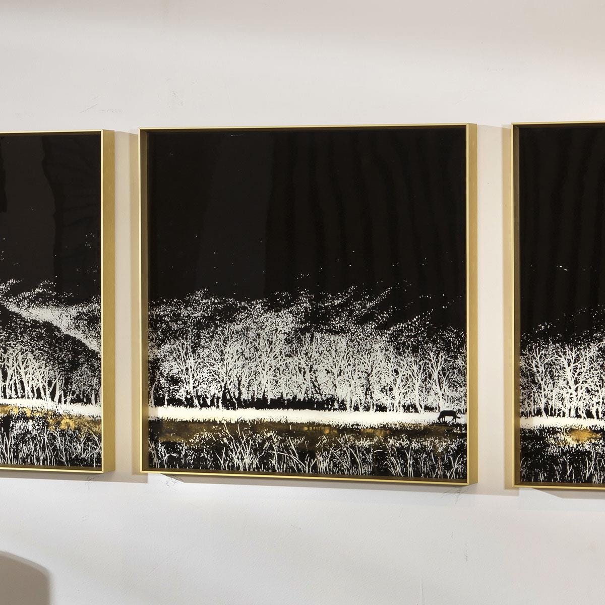 3-Piece Square Gold Metal Framed Wall Artwork Set Black & White 120x40cm