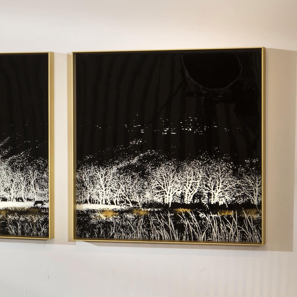 3-Piece Square Gold Metal Framed Wall Artwork Set Black & White 120x40cm