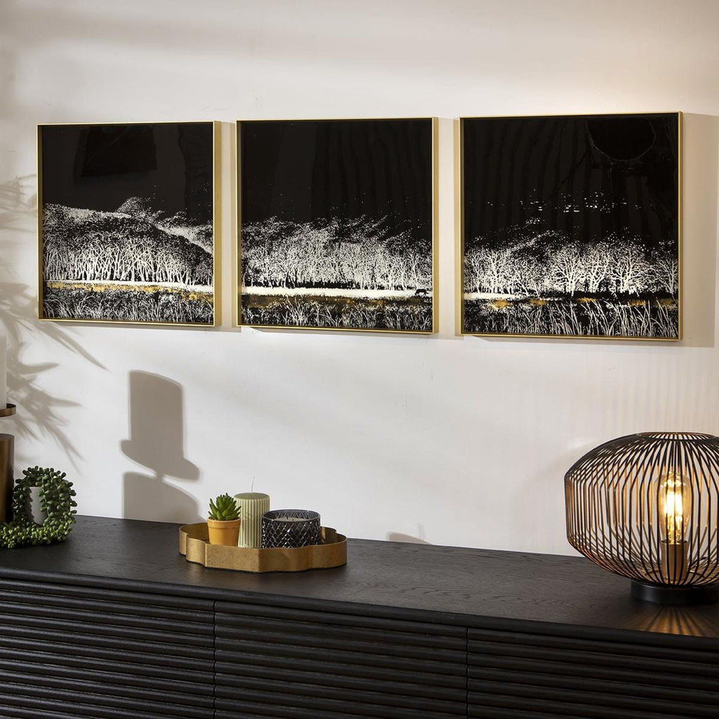 3-Piece Square Gold Metal Framed Wall Artwork Set Black & White 120x40cm