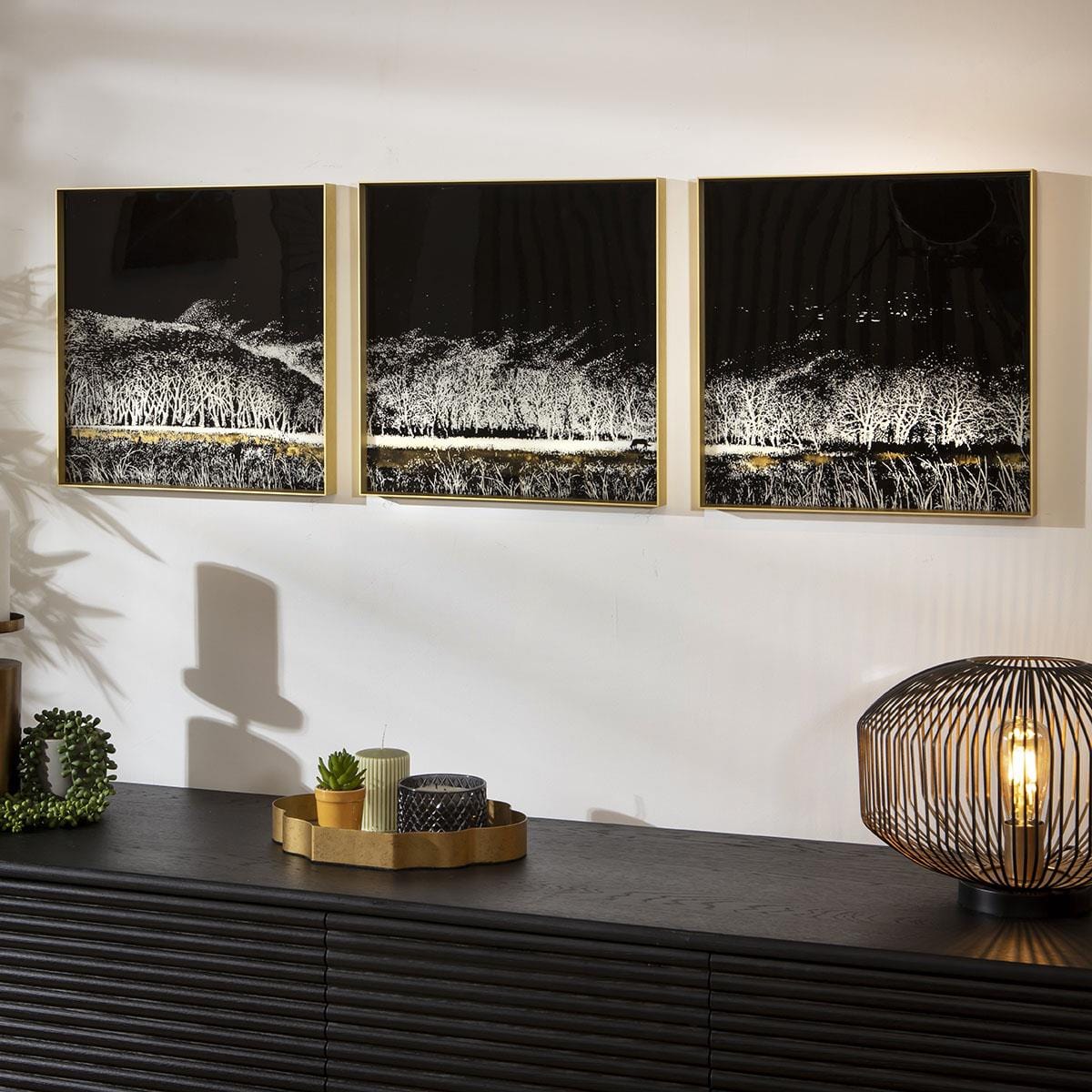 3-Piece Square Gold Metal Framed Wall Artwork Set Black & White 120x40cm