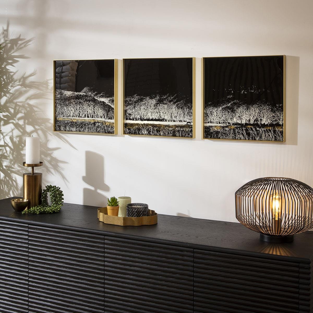 3-Piece Square Gold Metal Framed Wall Artwork Set Black & White 120x40cm