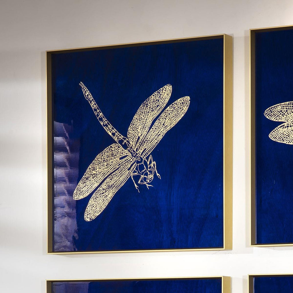 4-Piece Dragon Fly Gold Metal Framed Wall Artwork Set Blue 80x80cm