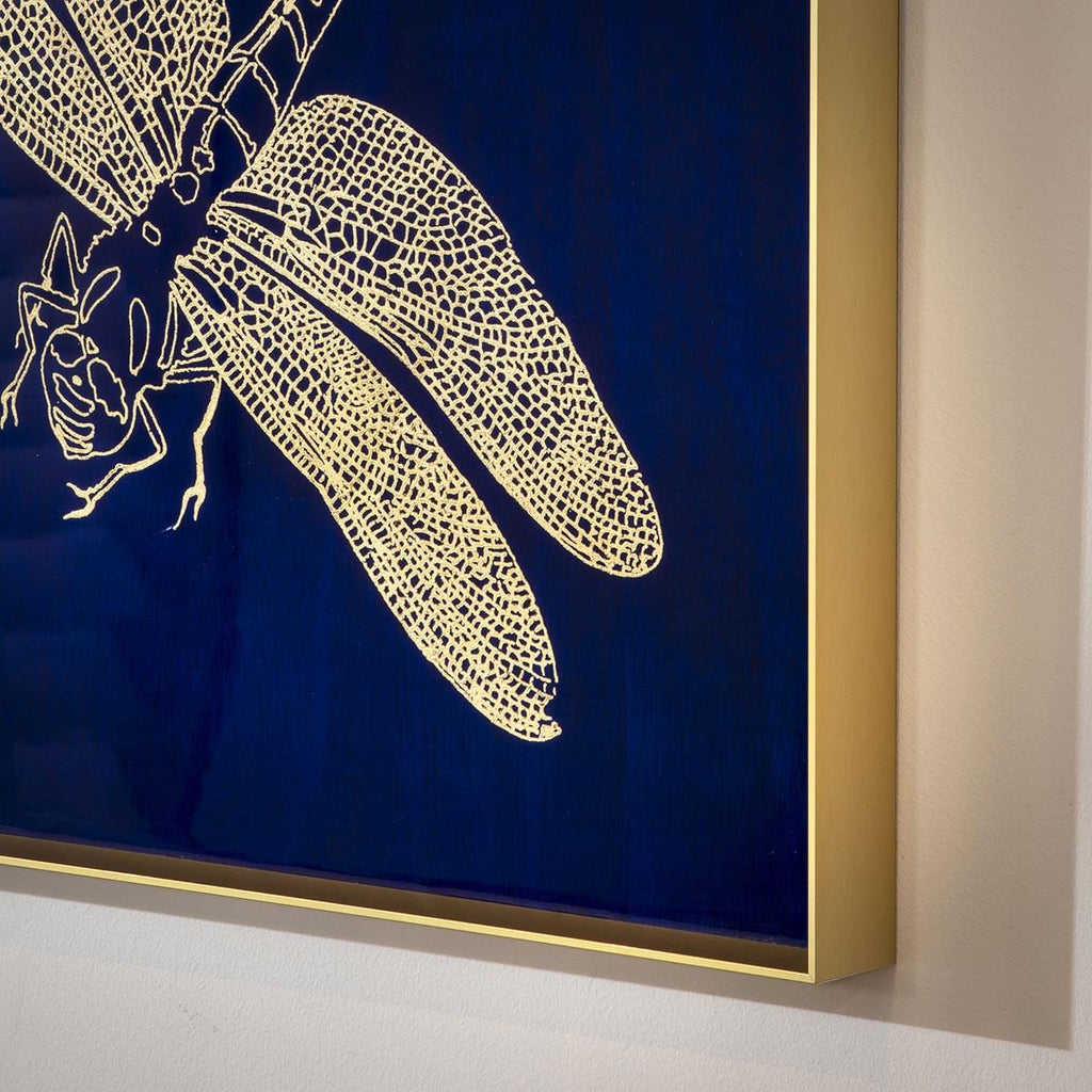 4-Piece Dragon Fly Gold Metal Framed Wall Artwork Set Blue 80x80cm