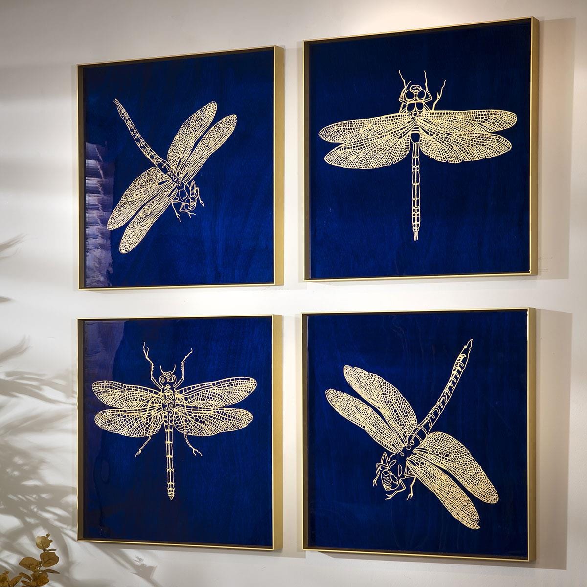 4-Piece Dragon Fly Gold Metal Framed Wall Artwork Set Blue 80x80cm
