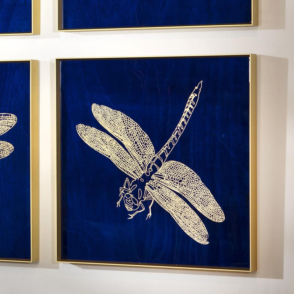 4-Piece Dragon Fly Gold Metal Framed Wall Artwork Set Blue 80x80cm