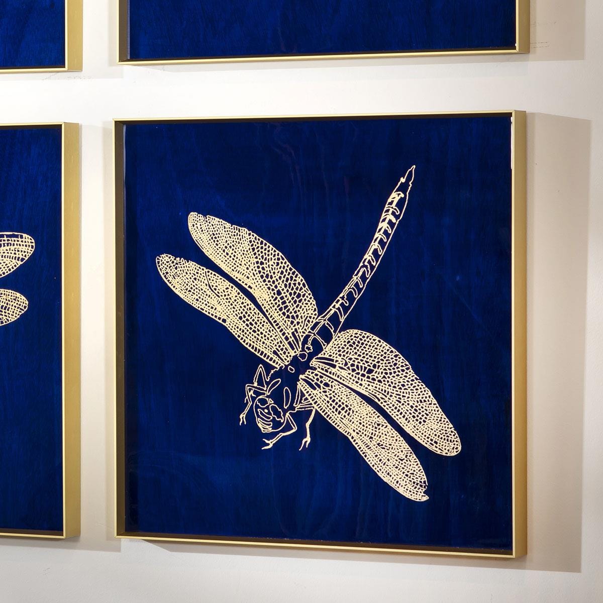 4-Piece Dragon Fly Gold Metal Framed Wall Artwork Set Blue 80x80cm