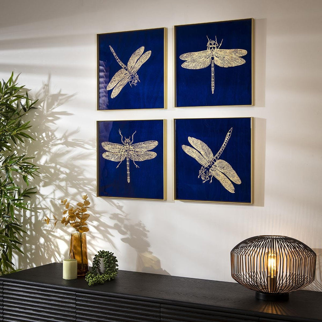 4-Piece Dragon Fly Gold Metal Framed Wall Artwork Set Blue 80x80cm