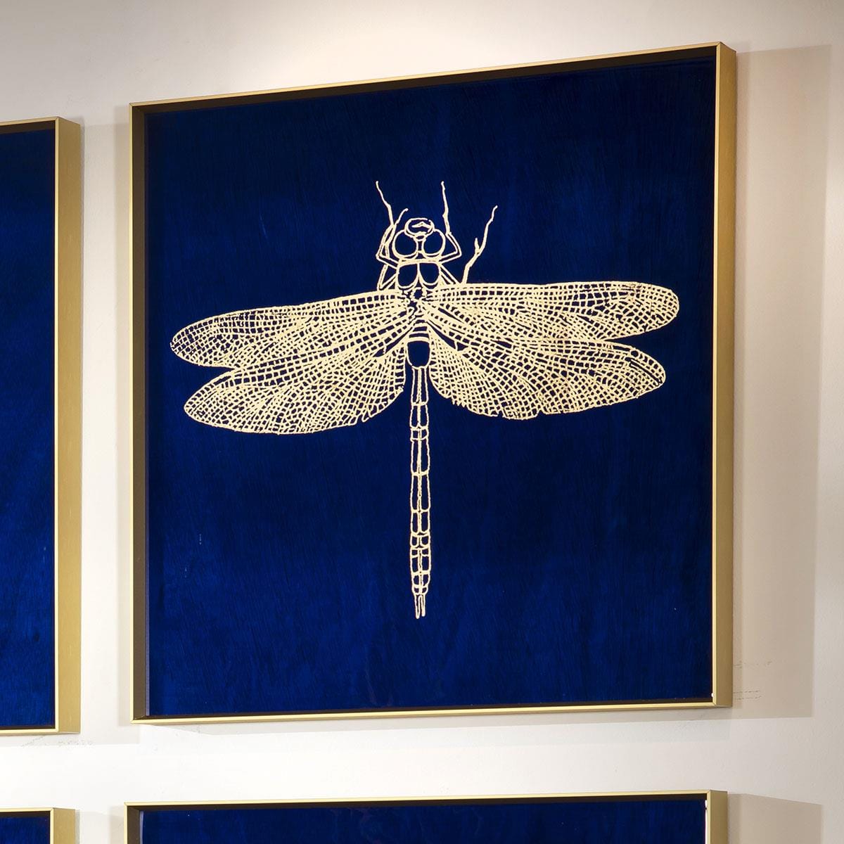 4-Piece Dragon Fly Gold Metal Framed Wall Artwork Set Blue 80x80cm