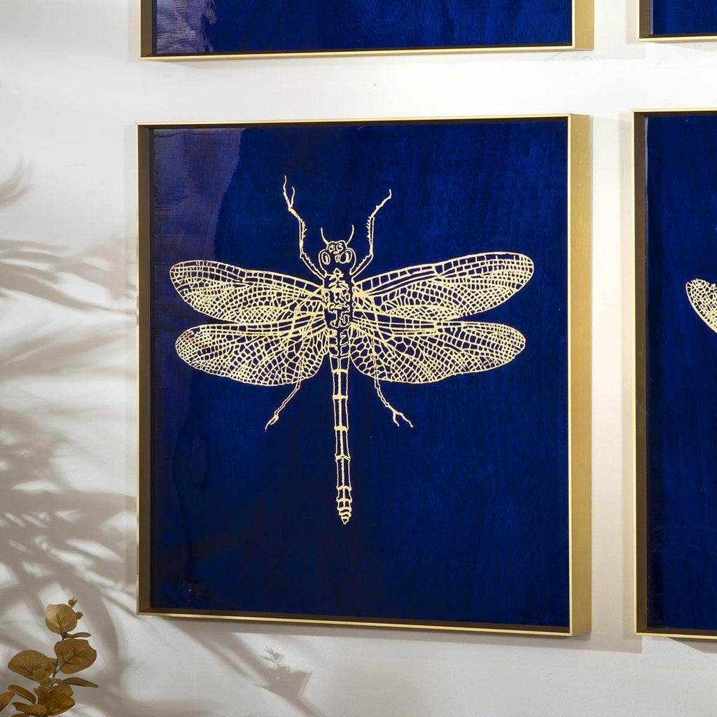 4-Piece Dragon Fly Gold Metal Framed Wall Artwork Set Blue 80x80cm