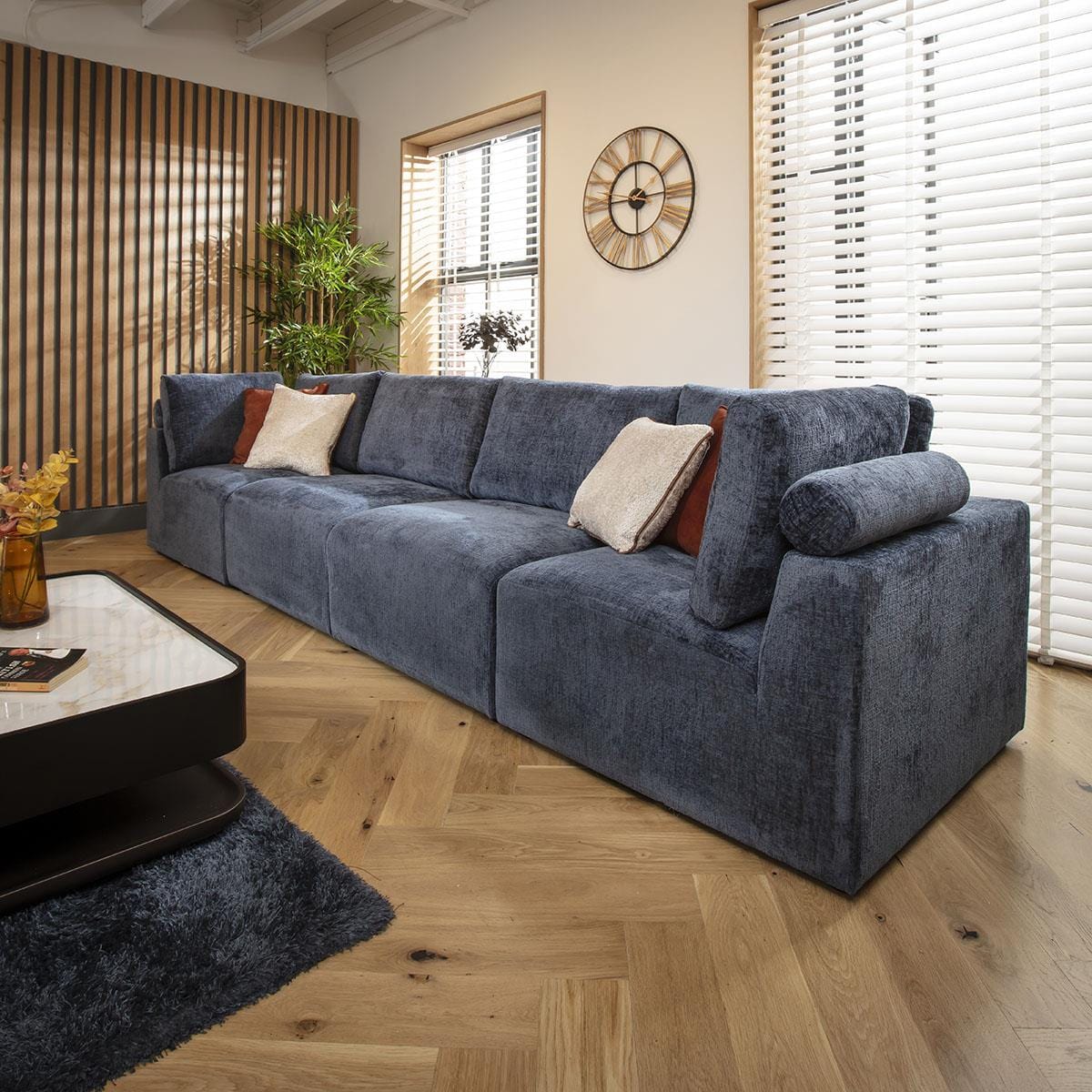 Martha 4 Seater Modular Sofa Blue Chenille 348x92cm 16