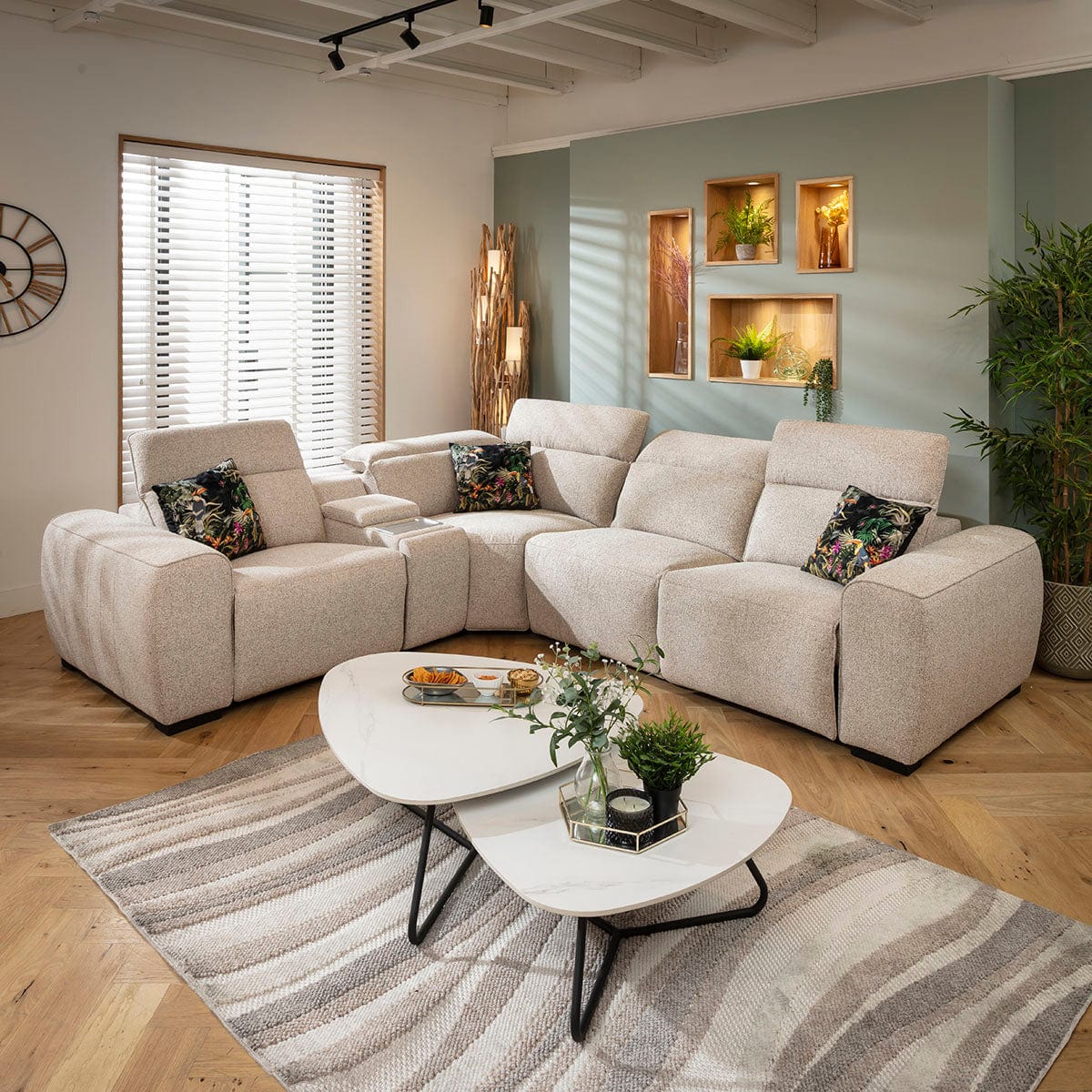 Lola Modern 4 Seater Recliner Corner Sofa & Console Beige 296x253cm 5C1