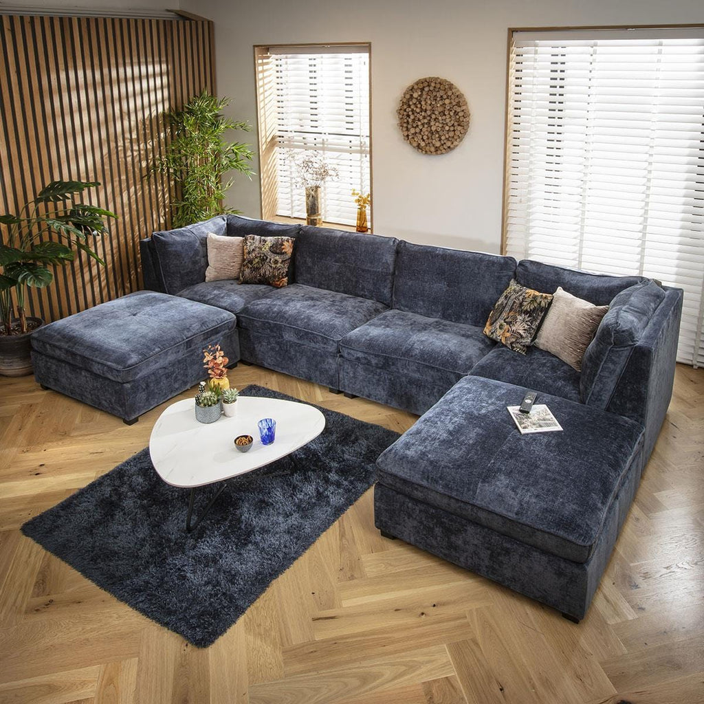 Anni 4 Seater U-Shape Sofa Blue Chenille 366x192cm 7