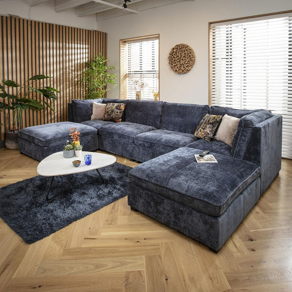Anni 4 Seater U-Shape Sofa Blue Chenille 366x192cm 7
