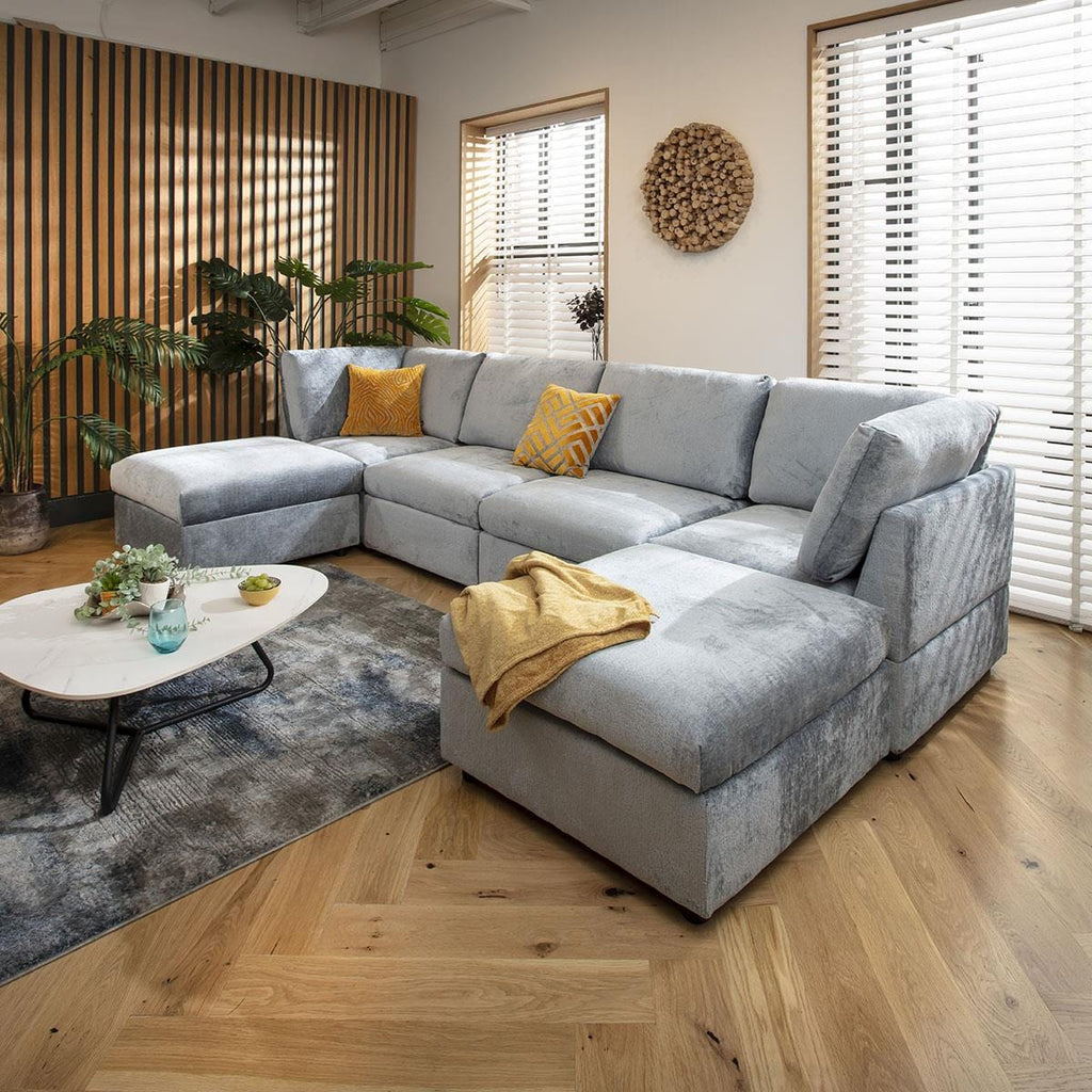 Sully 4 Seater U-Shape Sofa Blue Chenille 320x160cm 7