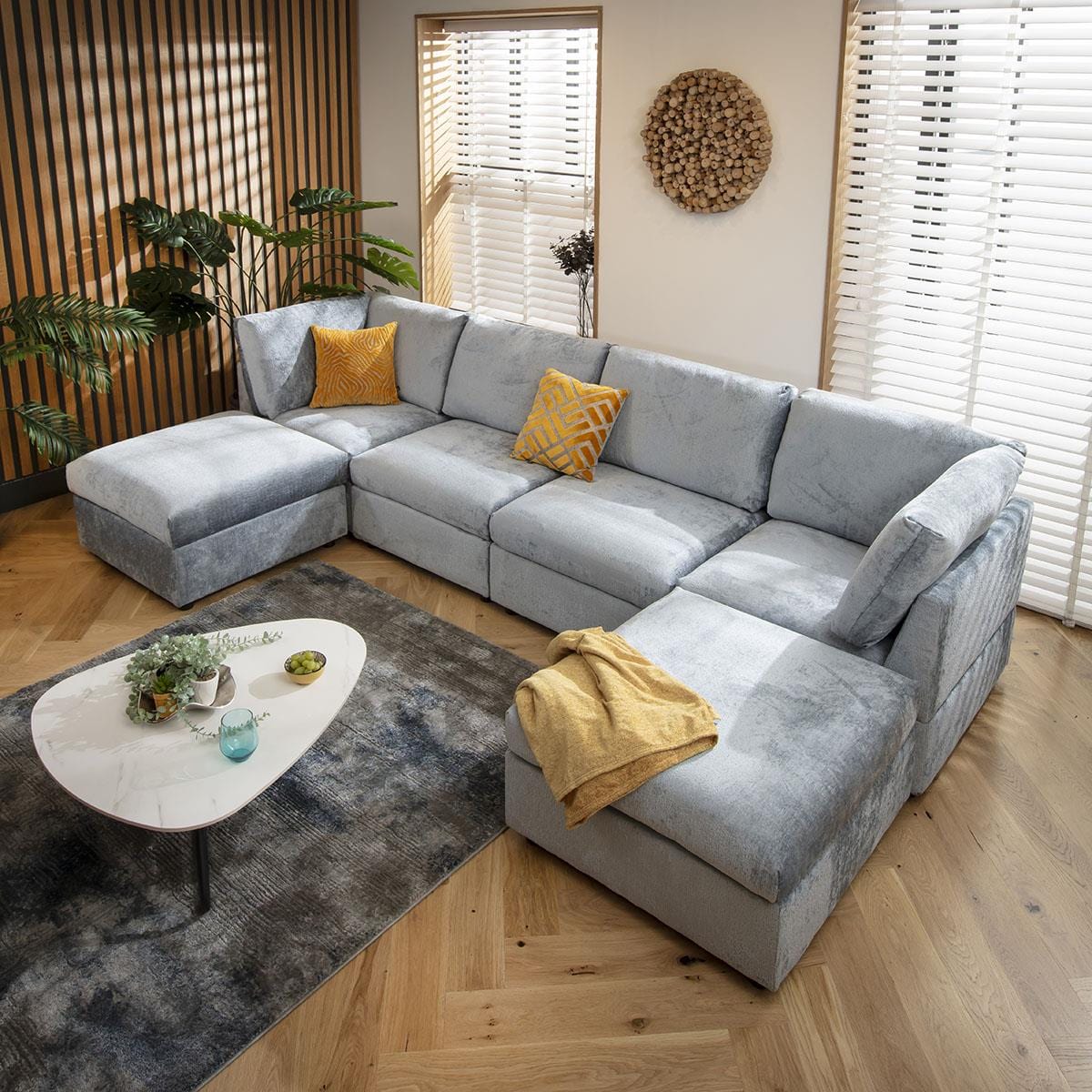 Sully 4 Seater U-Shape Sofa Blue Chenille 320x160cm 7