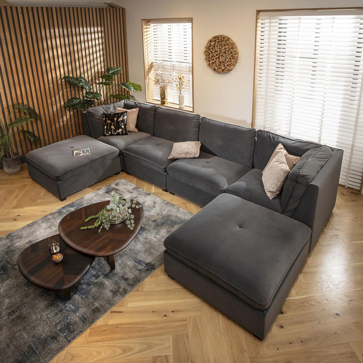 Anni 4 Seater U-Shape Sofa Grey Velvet 366x192cm 7