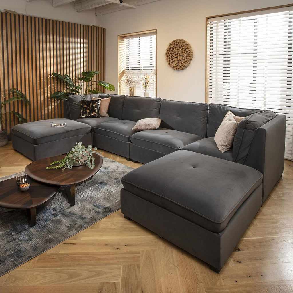 Anni 4 Seater U-Shape Sofa Grey Velvet 366x192cm 7