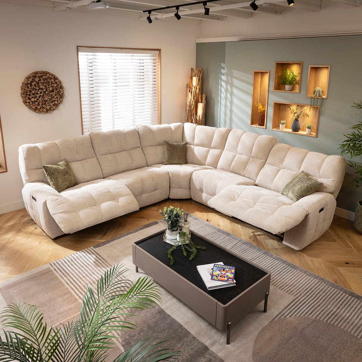 Luca 5 Seater Triple Recliner Corner Sofa Beige Chenille 300x300cm 14R1