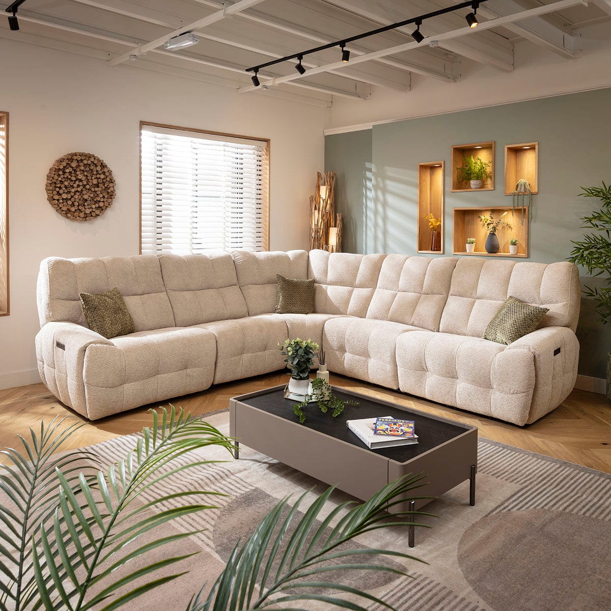 Luca 5 Seater Triple Recliner Corner Sofa Beige Chenille 300x300cm 14R1