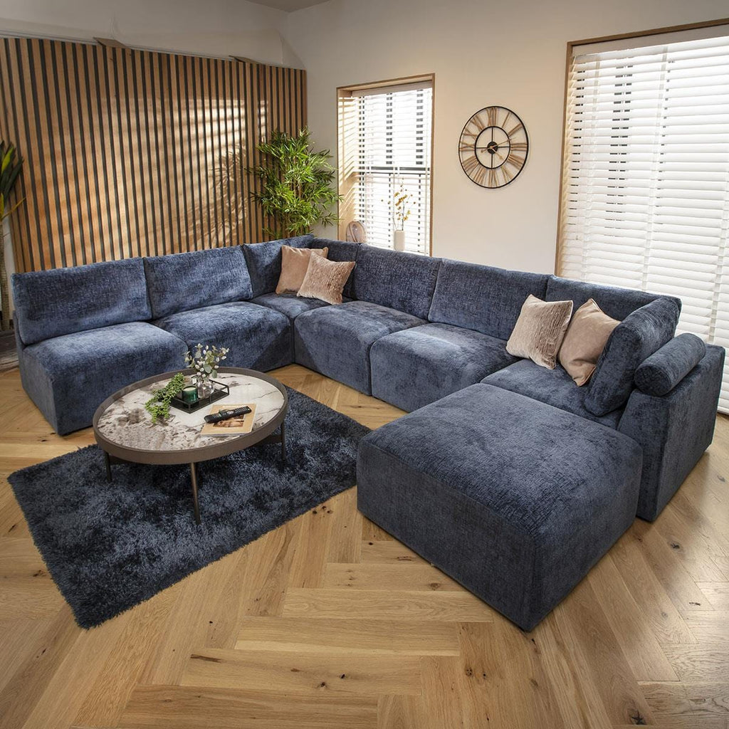 Martha 6 Seater U-Shape Sofa Blue Chenille 348x256cm 9L