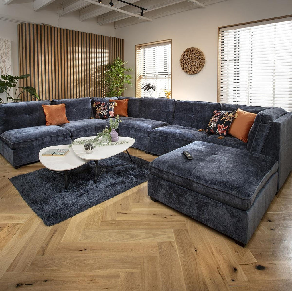 Anni 6 Seater U-Shape Sofa Blue Chenille 366x270cm 9L