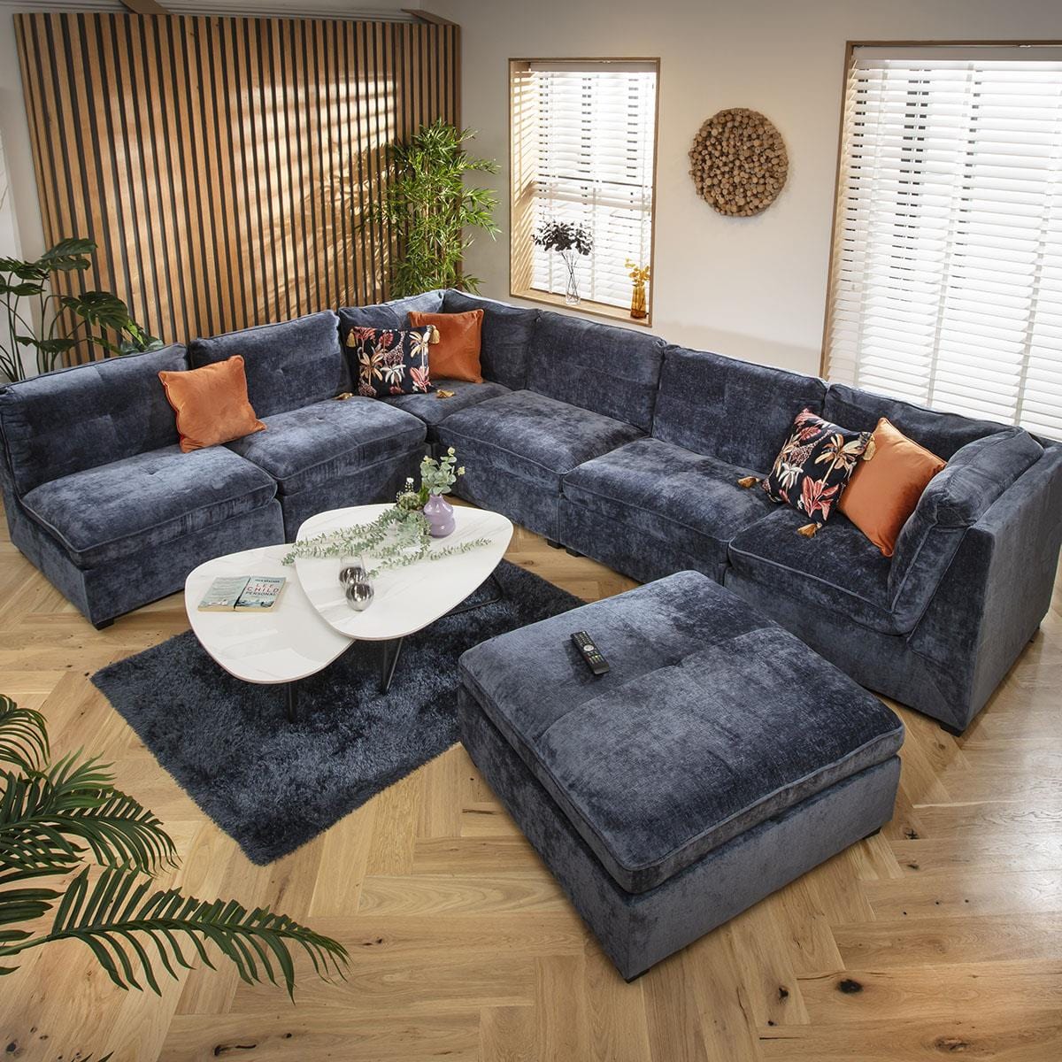 Anni 6 Seater U-Shape Sofa Blue Chenille 366x270cm 9L