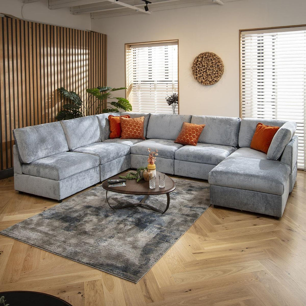 Sully 6 Seater U-Shape Sofa Blue Chenille 320x240cm 9L