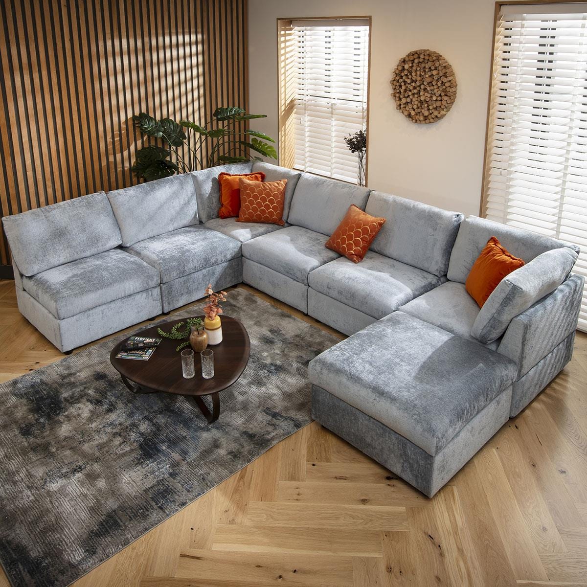 Sully 6 Seater U-Shape Sofa Blue Chenille 320x240cm 9L