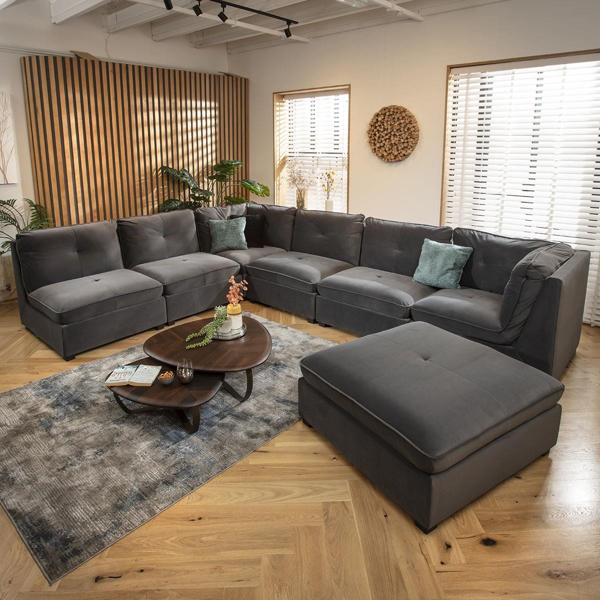 Anni 6 Seater U-Shape Sofa Grey Velvet 366x270cm 9L