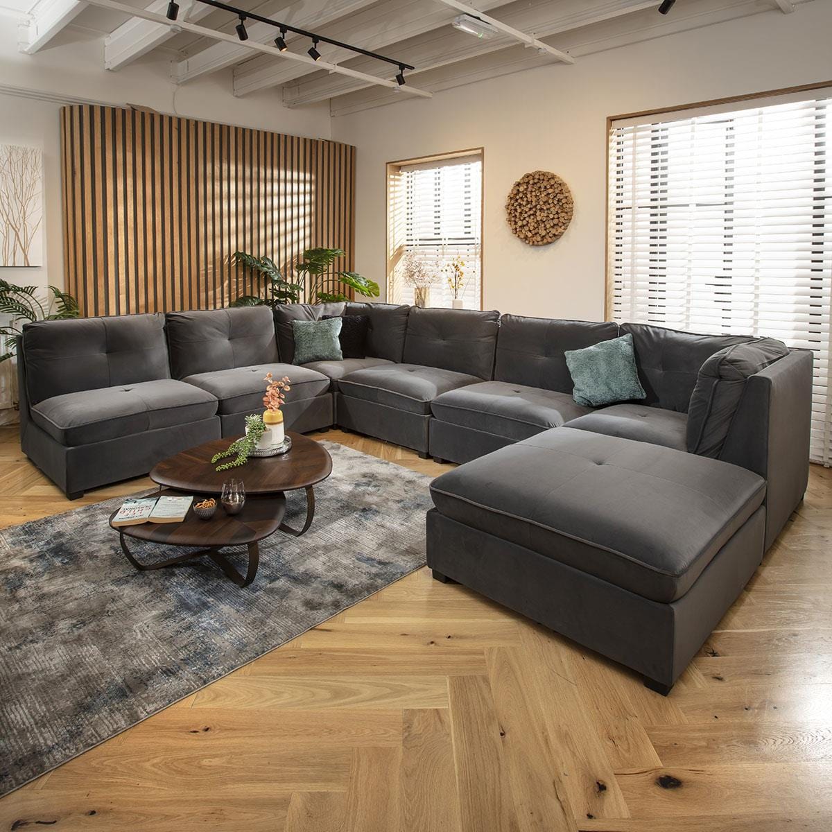 Anni 6 Seater U-Shape Sofa Grey Velvet 366x270cm 9L