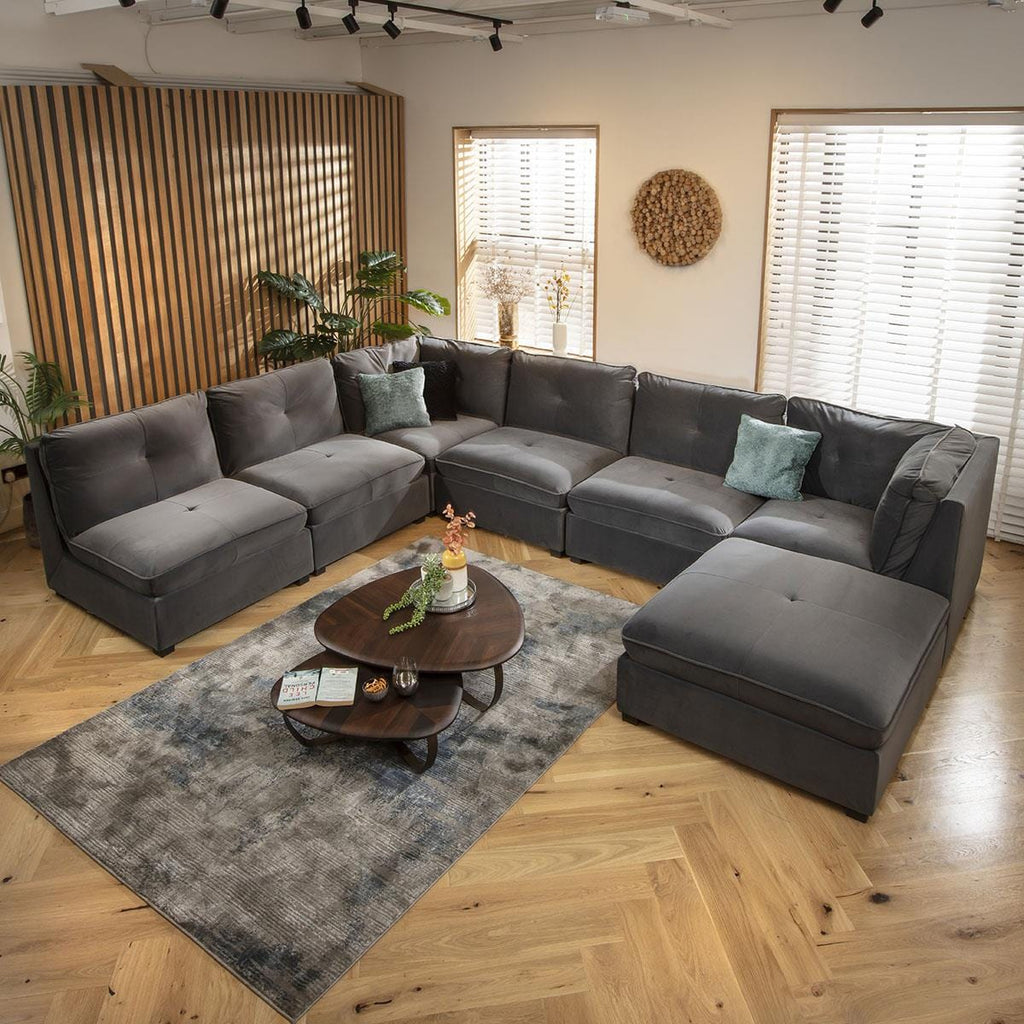 Anni 6 Seater U-Shape Sofa Grey Velvet 366x270cm 9L