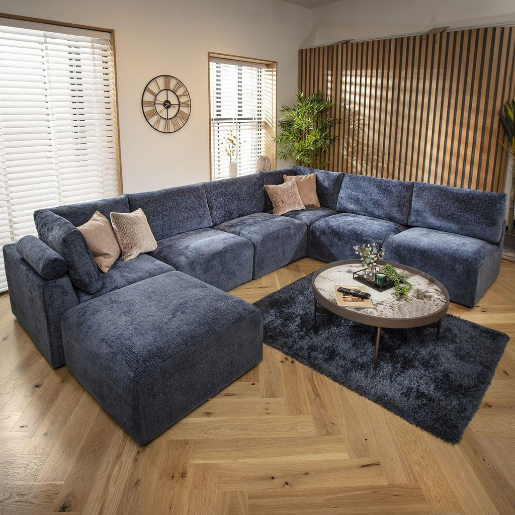 Martha 6 Seater U-Shape Sofa Blue Chenille 348x256cm 9R