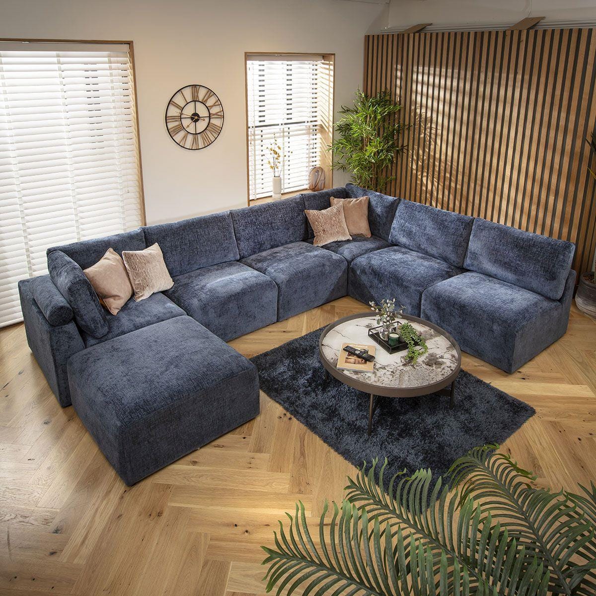 Martha 6 Seater U-Shape Sofa Blue Chenille 348x256cm 9R